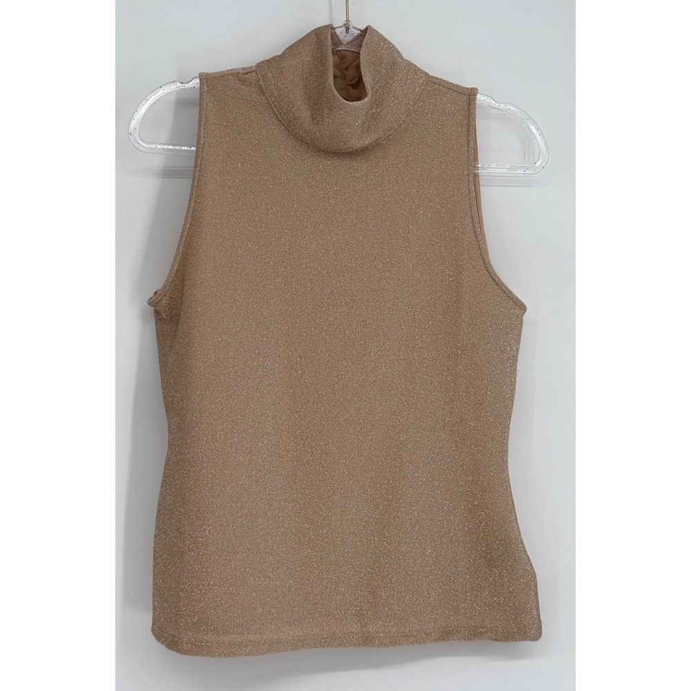Boston Proper Champagne Metallic Shimmer Sleeveless Turtleneck Top Sz M Keyhole